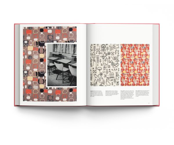 Book cover of Jacqueline Groag: Textile & Pattern Design: Wiener Werkstätte to American Modern, featuring the designer's red and black textile design Abstract Frames and Pebbles, 1952. Published by ACC Art Books.