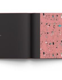 Book cover of Jacqueline Groag: Textile & Pattern Design: Wiener Werkstätte to American Modern, featuring the designer's red and black textile design Abstract Frames and Pebbles, 1952. Published by ACC Art Books.