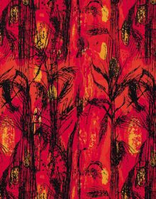 Book cover of Shirley Craven and Hull Traders, Revolutionary Fabrics and Furniture 1957-1980; with a bold design in dark reds and golds. Published by ACC Art Books.