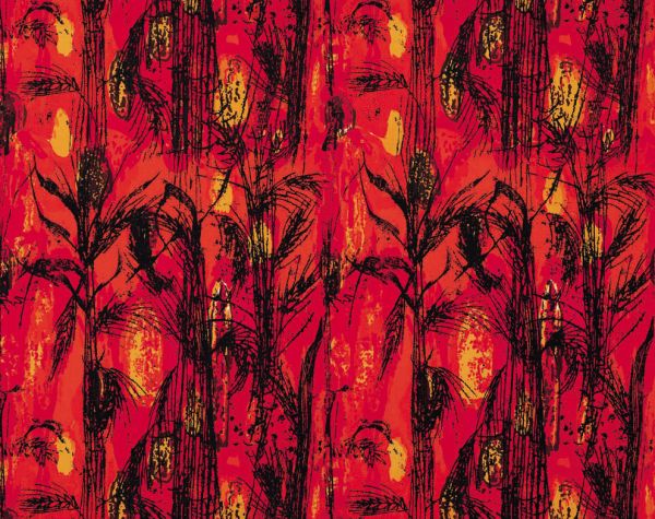 Book cover of Shirley Craven and Hull Traders, Revolutionary Fabrics and Furniture 1957-1980; with a bold design in dark reds and golds. Published by ACC Art Books.