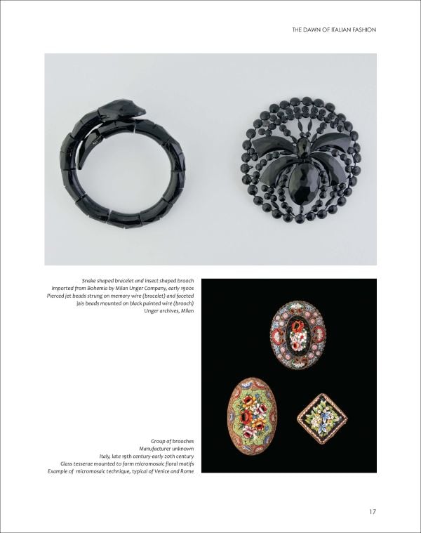 Book cover of Fashion Jewellery, Made in Italy, featuring Italian model Petteni Haggiag wearing printed silk jersey palazzo pyjamas. Published by ACC Art Books.