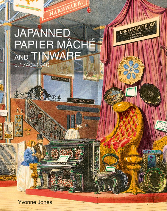 Book cover of Japanned Papier Mâché and Tinware c.1740-1940; with Victorian couple standing next to piano. Published by ACC Art Books.