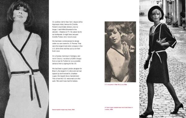 Book cover of Caroline Charles, 50 Years in Fashion; with fashion model posing in black and white checked jacket and black skirt. Published by ACC Art Books.