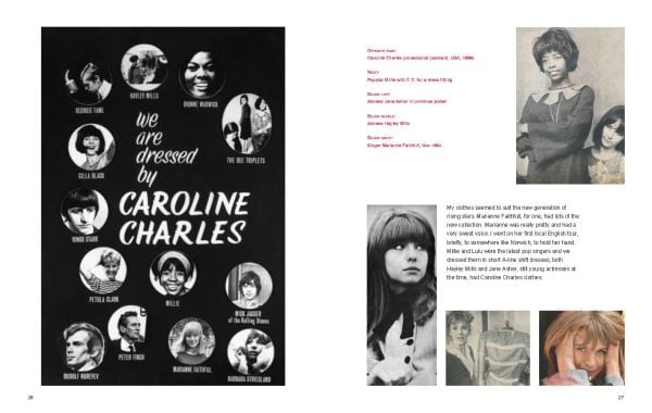 Book cover of Caroline Charles, 50 Years in Fashion; with fashion model posing in black and white checked jacket and black skirt. Published by ACC Art Books.