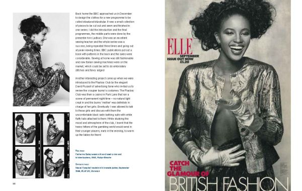 Book cover of Caroline Charles, 50 Years in Fashion; with fashion model posing in black and white checked jacket and black skirt. Published by ACC Art Books.