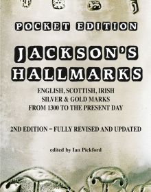 Book cover of Jackson’s Hallmarks, Pocket Edition, with a stamped antique silver with decorative leaf design. Published by ACC Art Books.