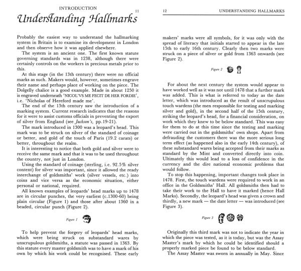 Book cover of Jackson’s Hallmarks, Pocket Edition, with a stamped antique silver with decorative leaf design. Published by ACC Art Books.