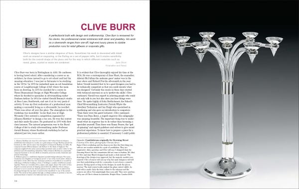 Book cover of Designer British Silver, featuring a silver candlestick holder with nest shape to centre. Published by ACC Art Books.
