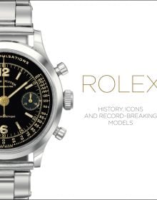 Book cover of Rolex, History, Icons and Record-Breaking Models, featuring a silver Rolex oyster watch, with black face. Published by ACC Art Books.