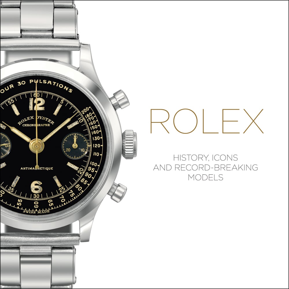 Silver Rolex oyster watch, with black face, on white cover, ROLEX HISTORY, ICONS AND RECORD-BREAKING MODELS in gold and silver font to centre right.