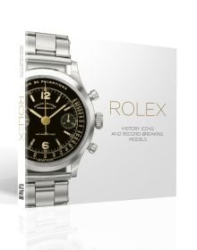 Book cover of Rolex, History, Icons and Record-Breaking Models, featuring a silver Rolex oyster watch, with black face. Published by ACC Art Books.