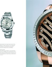 Silver Rolex oyster watch, with black face, on white cover of 'Rolex, History, Icons and Record-Breaking Models', by ACC Art Books.