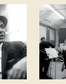 Book cover of Sinatra, featuring Frank Sinatra in a recording studio in 1956, in navy suit and hat. Published by ACC Art Books.