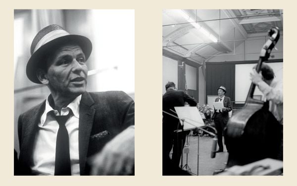 Book cover of Sinatra, featuring Frank Sinatra in a recording studio in 1956, in navy suit and hat. Published by ACC Art Books.