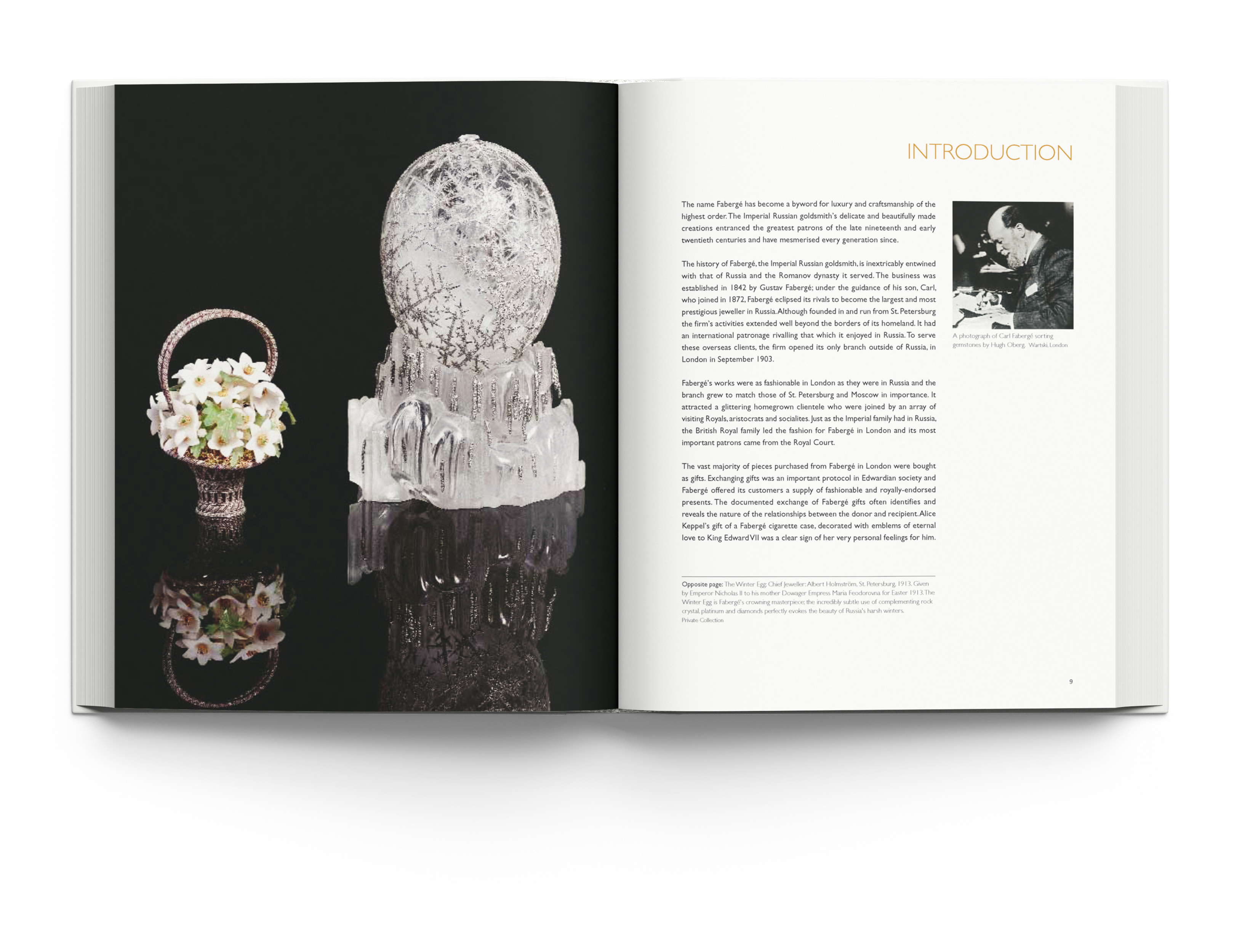 Book cover of Faberge in London, featuring a green Faberge dish on gold stand with feet. Published by ACC Art Books.