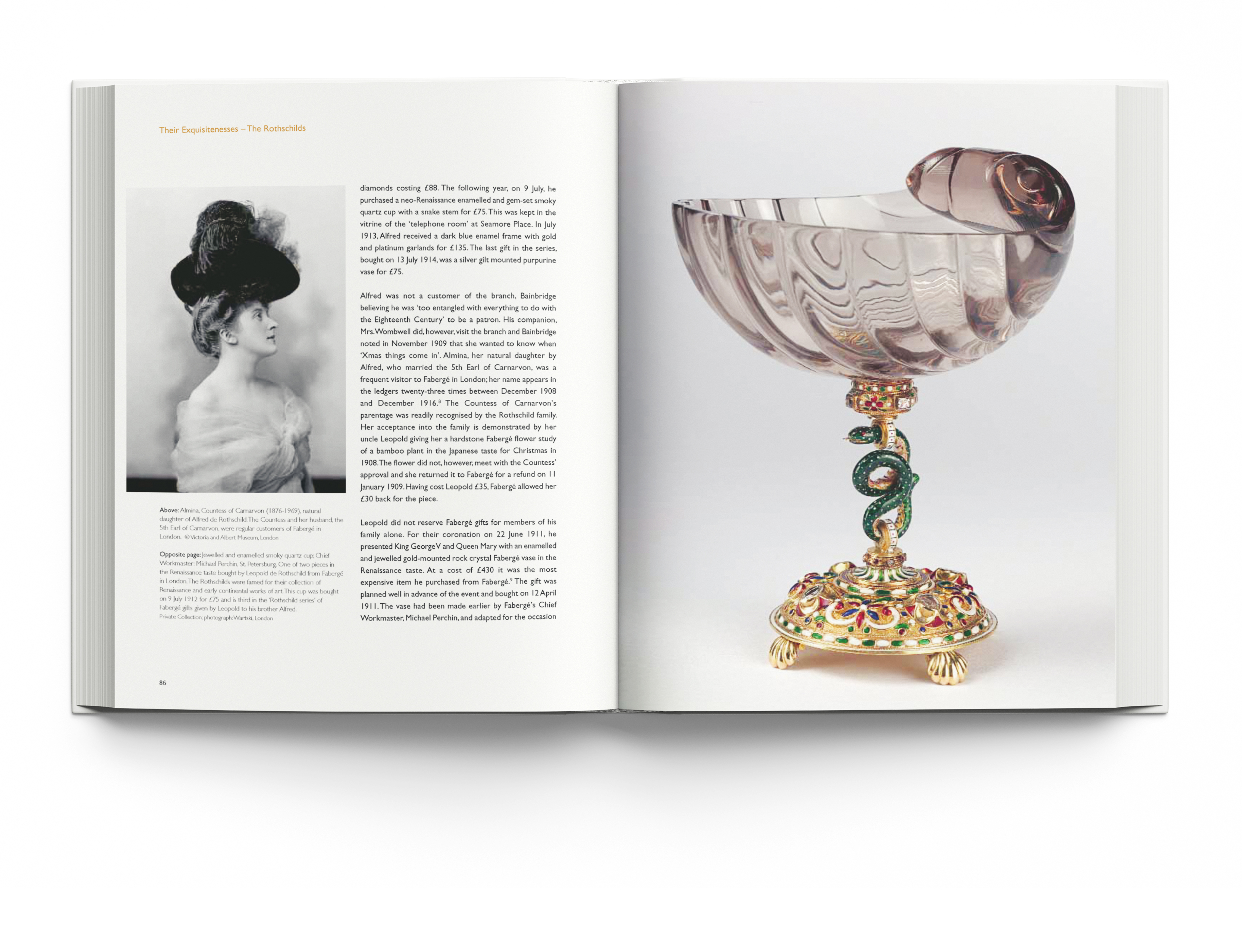 Green Faberge dish on gold stand with feet, on white cover of 'Faberge in London', by ACC Art Books.