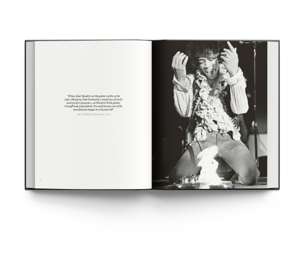 Book cover of Burning Desire: The Jimi Hendrix Experience Through the Lens of Ed Caraeff; featuring rock guitar legend Jimi Hendrix setting fire to his Fender Stratocaster. Published by ACC Art Books.