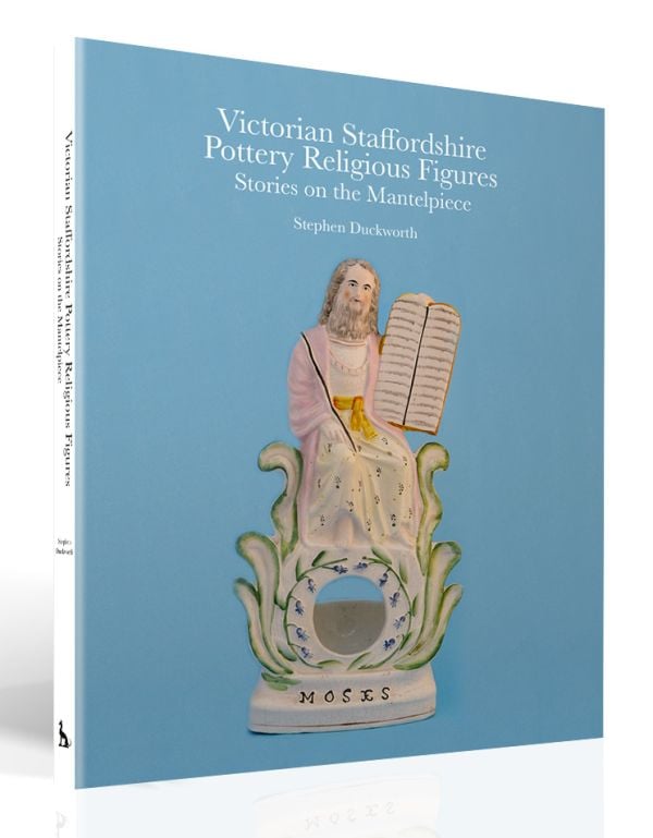 Book cover of Victorian Staffordshire Pottery Religious Figures, featuring a biblical figurine of 'Moses'. Published by ACC Art Books.