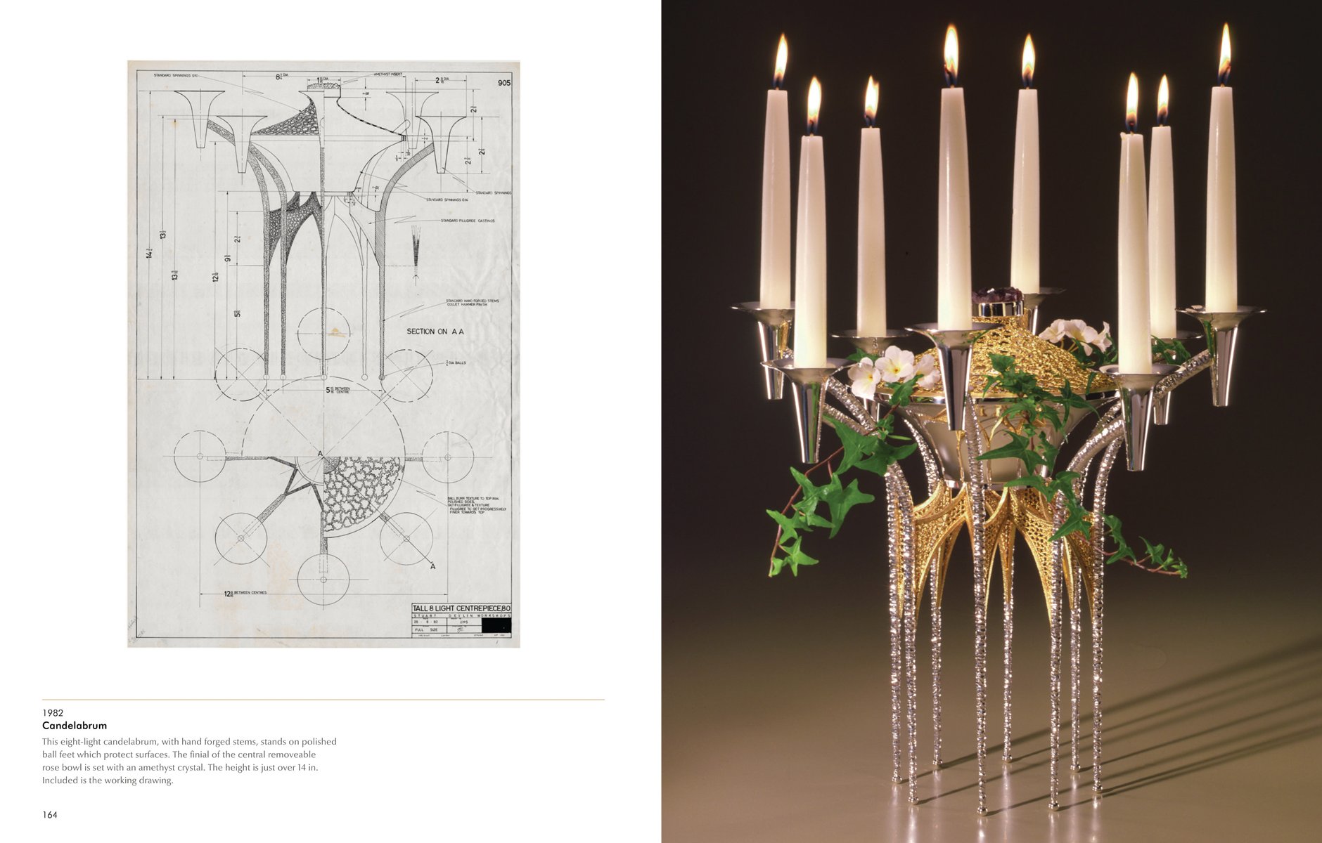 Set of 6 gold latticed candle holders with lit candles inside, on black cover of 'Stuart Devlin, Designer Goldsmith Silversmith', by ACC Art Books.