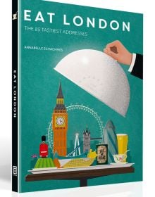Book cover of Eat London: The 85 Tastiest Addresses, with a waiter lifting up domed lid of silver tray, revealing famous London landmarks. Published by ACC Art Books.