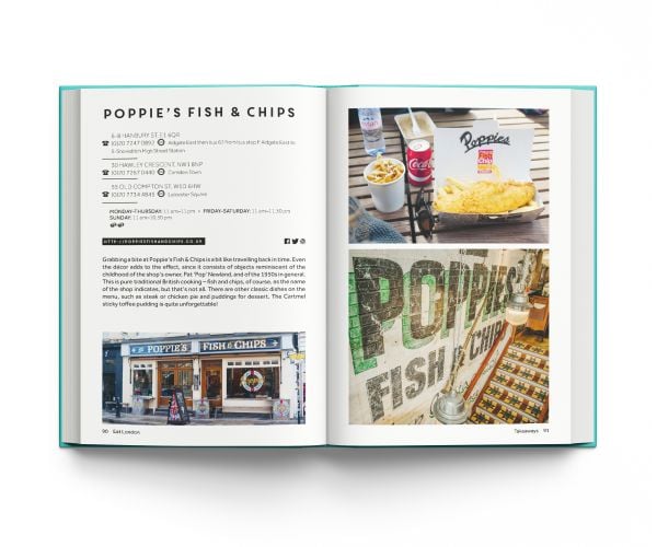 Book cover of Eat London: The 85 Tastiest Addresses, with a waiter lifting up domed lid of silver tray, revealing famous London landmarks. Published by ACC Art Books.