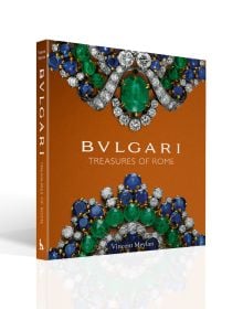 Book cover of Bulgari Treasures of Rome, featuring two halves of sapphire and emerald gemstones encrusted jewelry. Published by ACC Art Books.