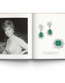 Book cover of Bulgari Treasures of Rome, featuring two halves of sapphire and emerald gemstones encrusted jewelry. Published by ACC Art Books.