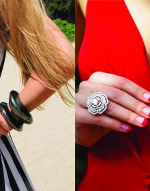 Model in red lipstick holding up ring covered fingers, on white cover of 'Gemologue Street Jewellery Styles & Styling Tips', by ACC Art Books.