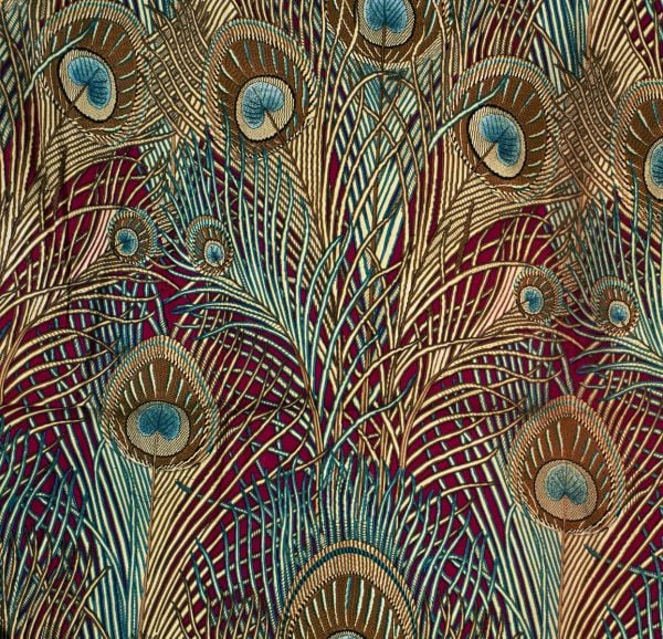 Arts and Crafts Christopher Dresser Peacock plumes print, on cover of 'Christopher Dresser Textiles', by ACC Art Books.