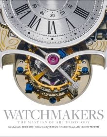 Jean Daniel Nicolas 2-Minute Tourbillon watch mechanism, on white cover of 'Watchmakers', by ACC Art Books.