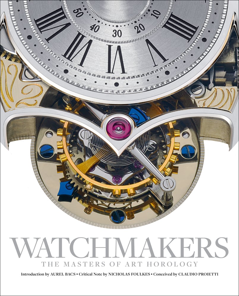 Jean Daniel Nicolas 2-Minute Tourbillon watch mechanism, on white cover of 'Watchmakers', by ACC Art Books.