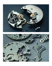 Jean Daniel Nicolas 2-Minute Tourbillon watch mechanism, on white cover of 'Watchmakers', by ACC Art Books.