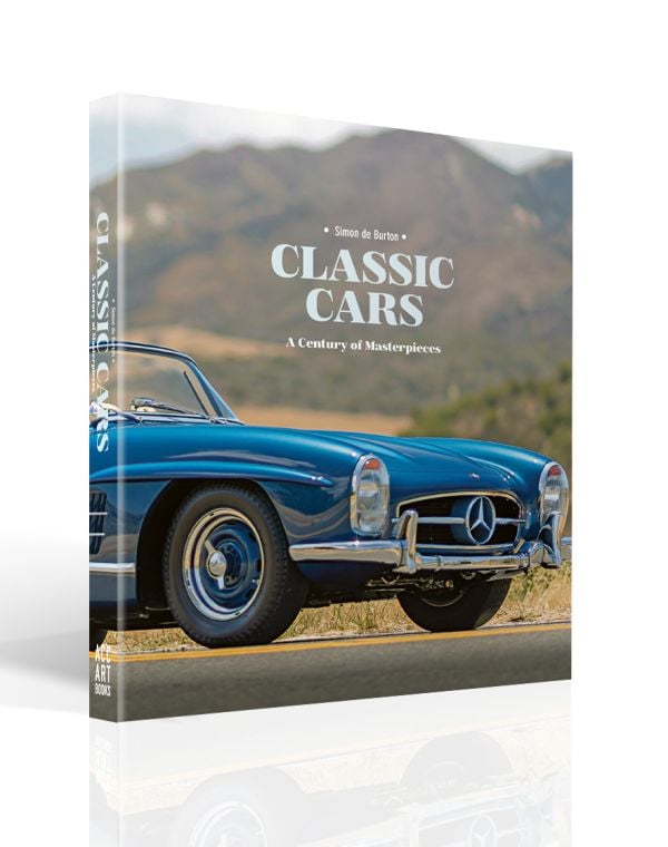 Book cover of Classic Cars, A Century of Masterpieces, with a blue Mercedes Benz 300 SL cabriolet, with mountain landscape behind. Published by ACC Art Books.