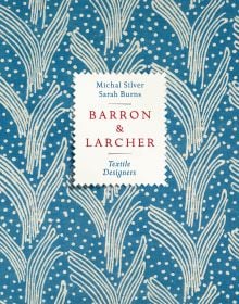 Blue and cream printed fabric, 'Carnac (1931)', on cover of 'Barron & Larcher Textile Designers', by ACC Art Books.