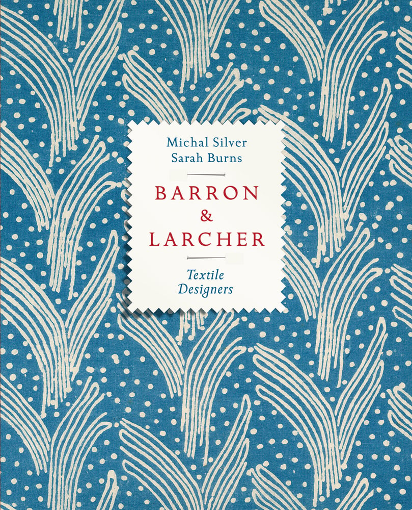 Blue and cream textile design with spots and wing shape lines with Barron & Larcher Textile Designers in red and blue text in centre