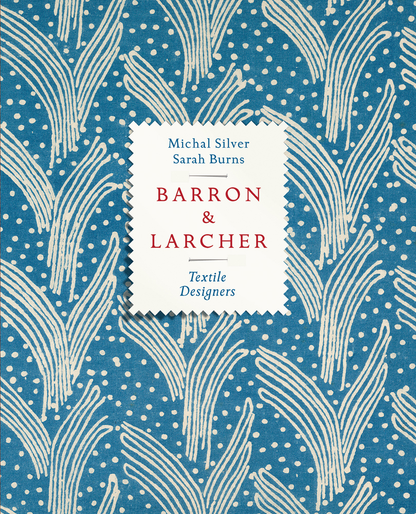 Blue and cream printed fabric, 'Carnac (1931)', on cover of 'Barron & Larcher Textile Designers', by ACC Art Books.