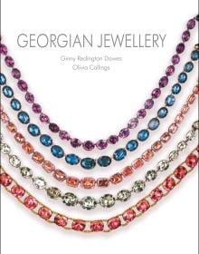 Five colorful jeweled necklaces draped across white cover of 'Georgian Jewellery, 1714-1830', by ACC Art Books.
