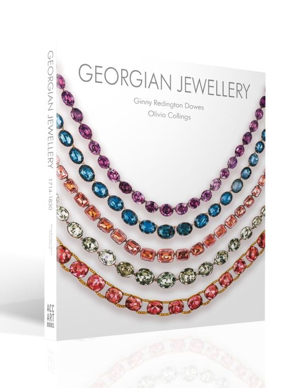 Book cover of Georgian Jewellery, 1714-1830', with five colourful jewelled necklaces. Published by ACC Art Books.