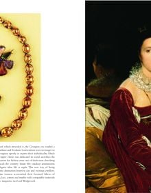 Five colourful jewelled necklaces draped across white cover of 'Georgian Jewellery, 1714-1830', by ACC Art Books.