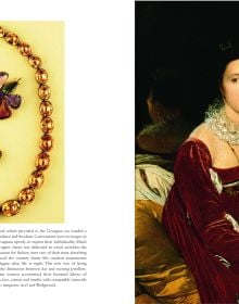 Five colorful jeweled necklaces draped across white cover of 'Georgian Jewellery, 1714-1830', by ACC Art Books.