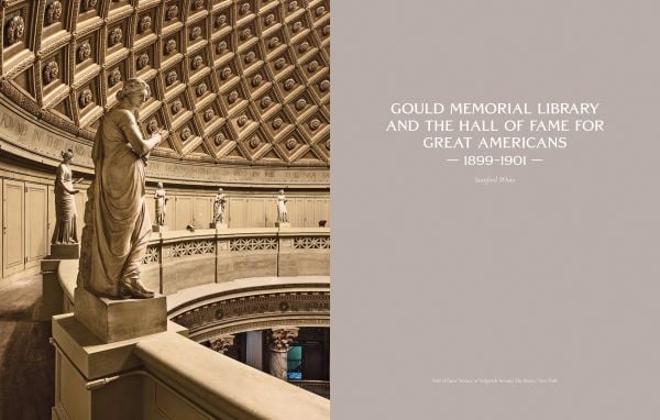 Book cover of An American Renaissance: Beaux-Arts Architecture in New York City, with low angled shot of interior ceiling dome with white and gold plaster. Published by Images Publishing.