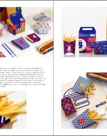 Book cover of Takeaway Food Packaging Now, with a takeaway box with burger and chips. Published by Images Publishing.