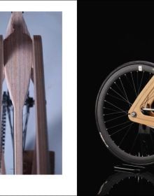 Book cover of The Wooden Bicycle: Around the World, featuring a racing bike made of wood. Published by Images Publishing.