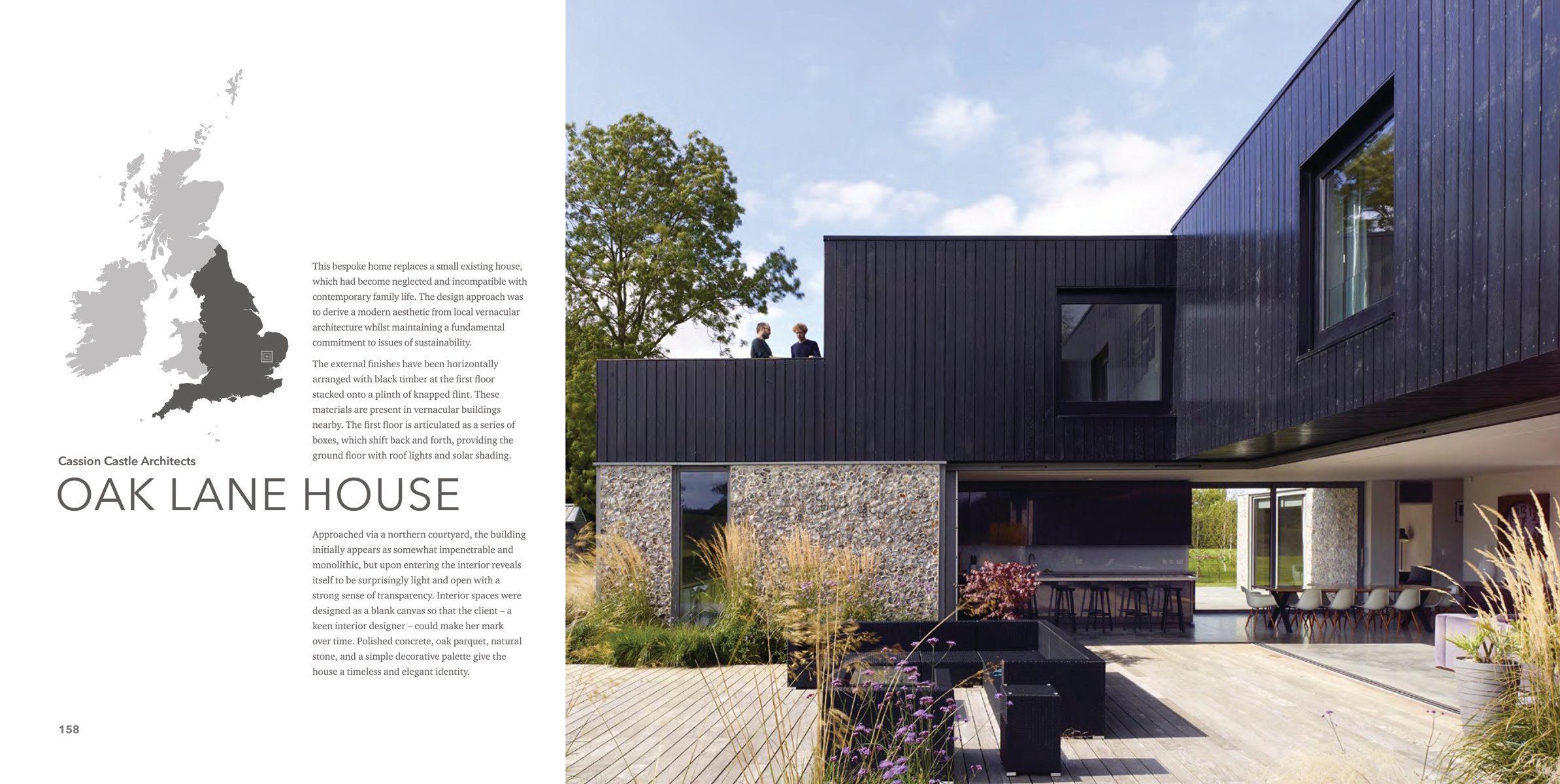 Book cover of British + Irish Modern: New Houses and Old Houses Made New with a large open door to interior, low table with purple alliums in vase, hanging light fittings. Published by Images Publishing.