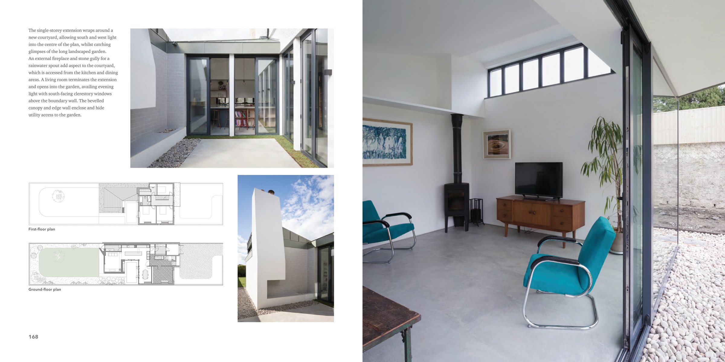 Large open door to interior, low table with purple alliums in vase, hanging light fittings, British + Irish Modern in white and green font