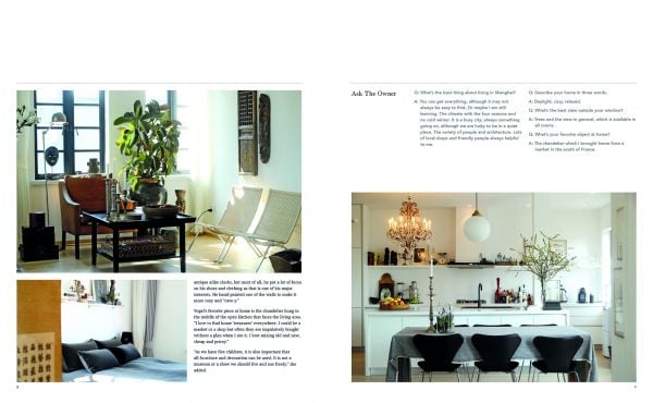 Book cover of Living in Shanghai, featuring an interior with a gray sofa, vase of lilies on a wood table, and three footstools. Published by Images Publishing.