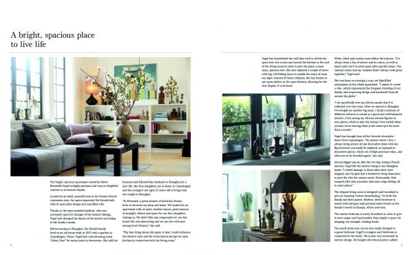 Book cover of Living in Shanghai, featuring an interior with a gray sofa, vase of lilies on a wood table, and three footstools. Published by Images Publishing.