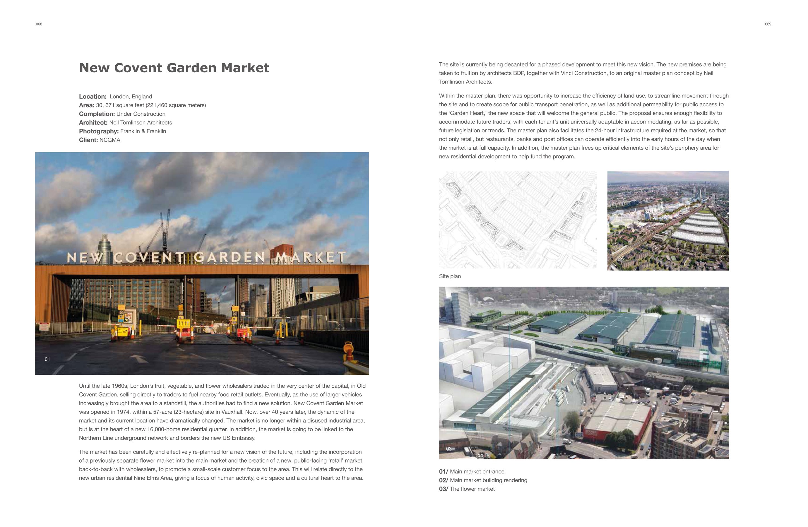 Modern wood roof market structure, flower market below with customers, Contemporary Market Architecture Planning and Design in white font above