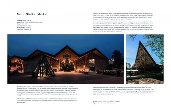 Book cover of Contemporary Market Architecture Planning and Design featuring the wooden roof of a flower market, with shoppers below. Published by Images Publishing.