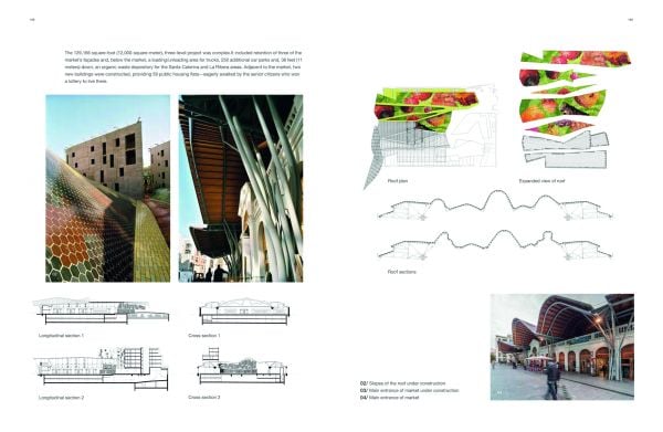 Book cover of Contemporary Market Architecture Planning and Design featuring the wooden roof of a flower market, with shoppers below. Published by Images Publishing.